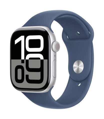 Apple Watch Series 10 GPS 46mm Silver Aluminium Case with Denim Sport Band - S/M