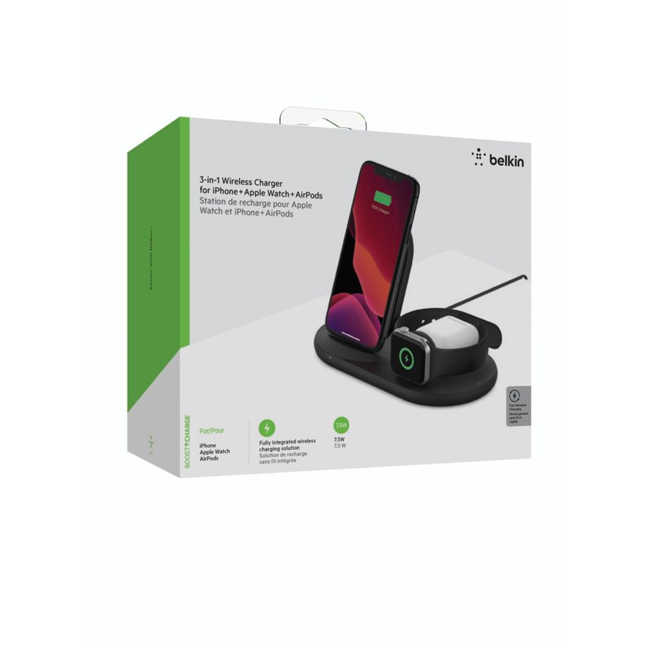 Belkin BoostCharge 3-in-1 Kabellose Ladestation - Für iPhone + Apple Watch + Airpods, schwarz