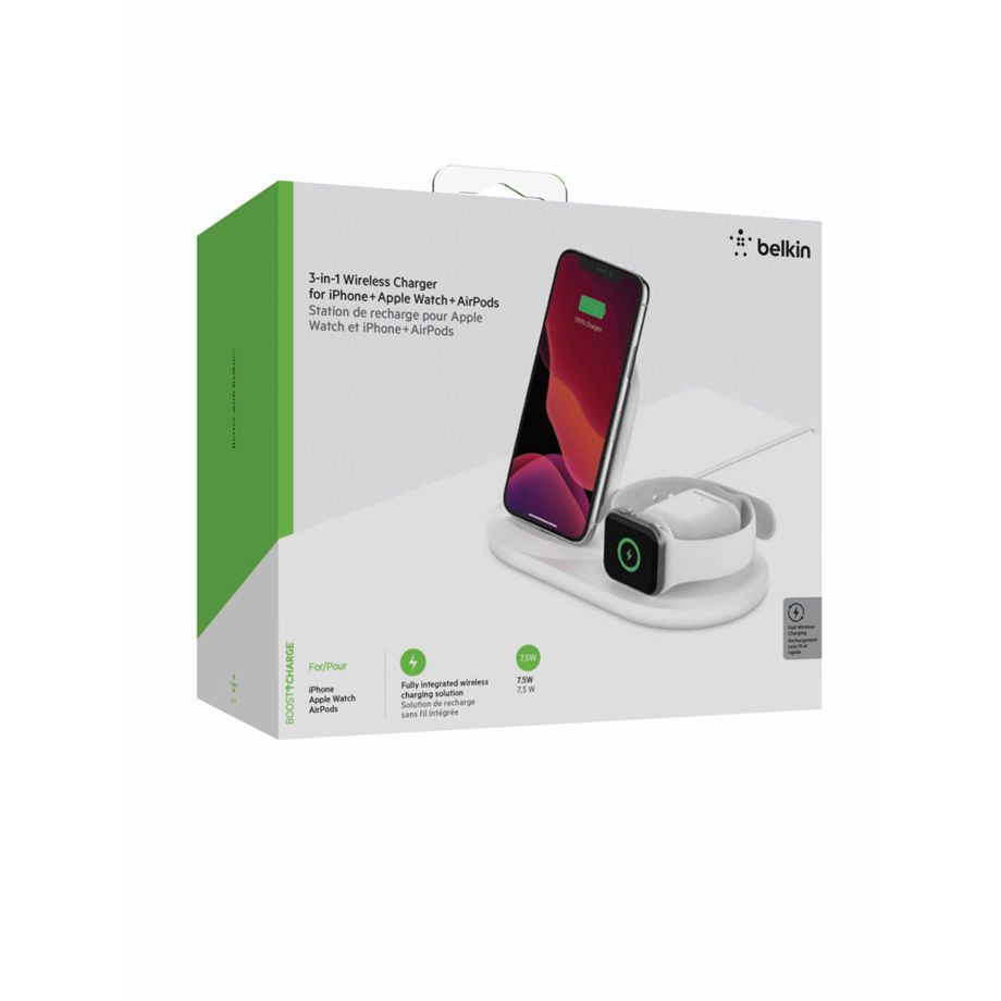 Belkin BoostCharge 3-in-1 Kabellose Ladestation - Für iPhone + Apple Watch + Airpods, weiß